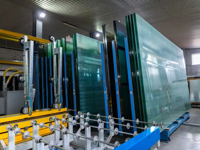 large panels of glass are stored in a warehouse