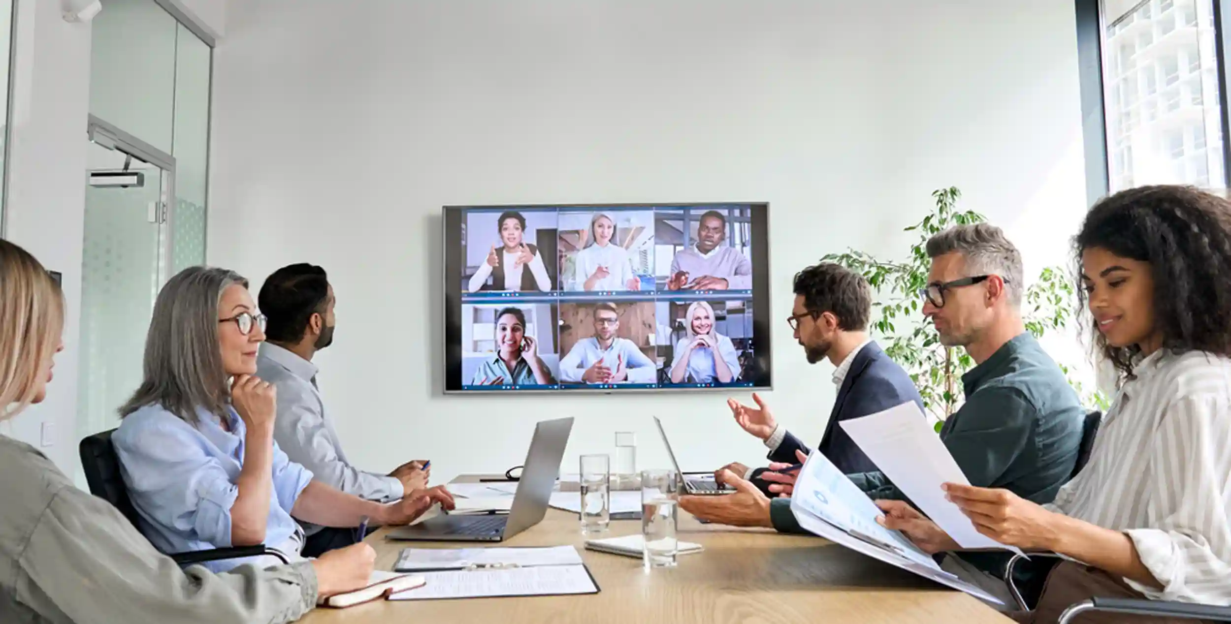 Diverse company employees having online business conference video call on Teams