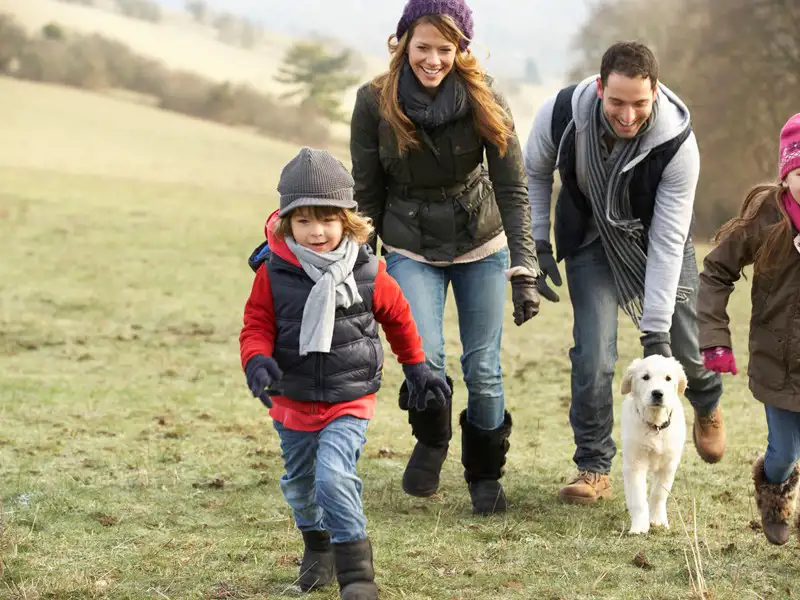 Family walking through a field with their dog.