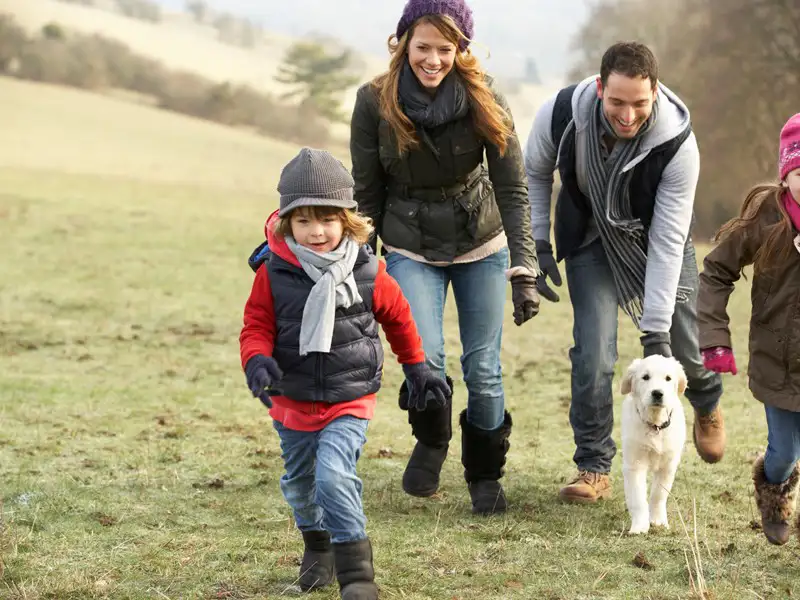 Family walking through a field with their dog.