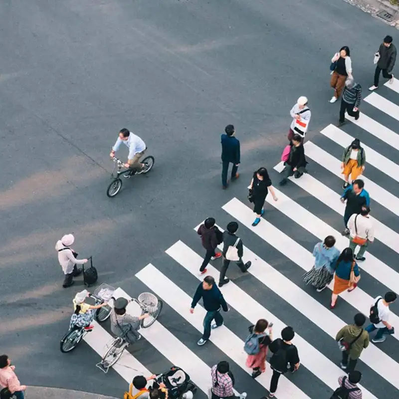 Overhead view of a busy city crosswalk.