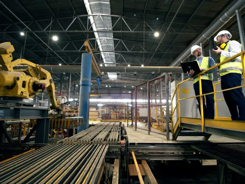 workers having a discussion in a factory